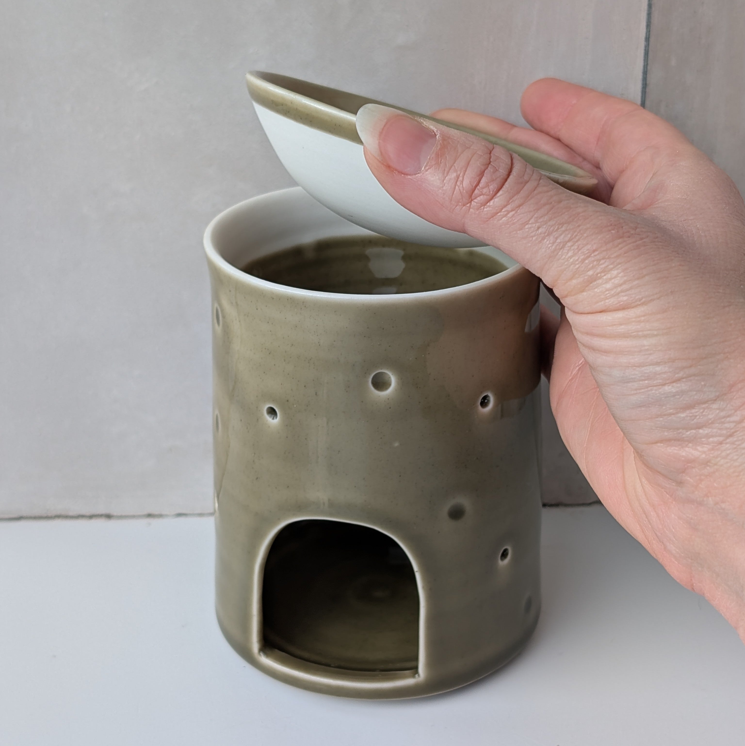 Christmas wax melter with pinholes - dark sage
